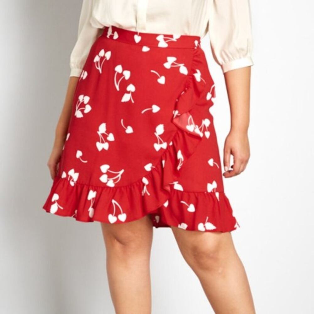 [ModCloth] It's A Wrap Red Cherry Heart Print Ruffle Faux Wrap Midi Skirt Sz 12